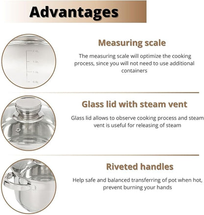 Daniks Standard 7 Quart Stainless Steel Stock Pot with Glass Lid, Tri-Ply Bottom for Even Heating, Induction Compatible, Dishwasher Safe, Built-In Measuring Scale, Silver