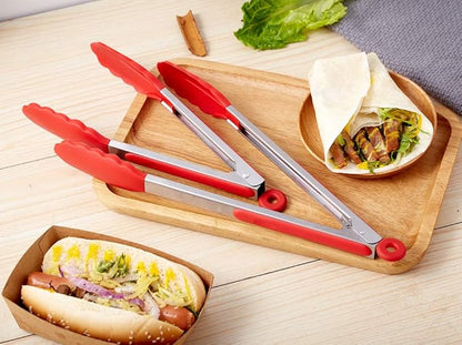 Kitchen Tongs Set of 2 – 9 inch & 12 inch – Stainless Steel Food Tongs with Silicone Tips – Premium Locking Non-stick Tongs for Cooking, BBQ, Grilling, Salad - Heavy Duty, BPA Free(Red) - Image 7