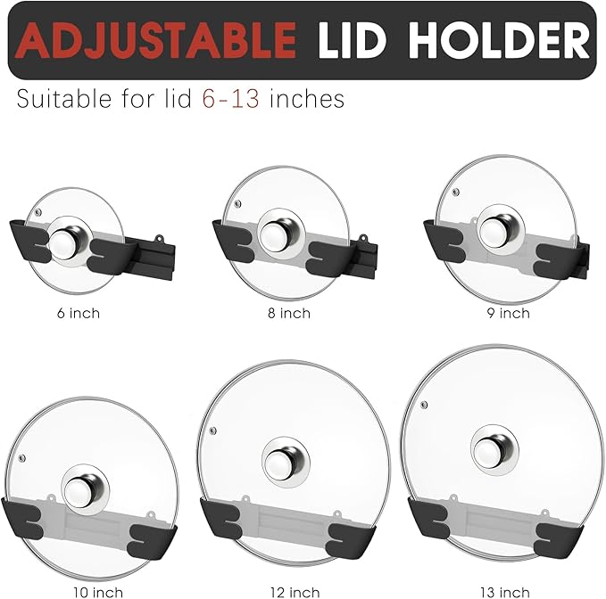 Adjustable Universal Pot Lid Holder Organizer for Cabinet - Upgraded Patented 6 Pack Pan Lids Organizers Inside Door Wall Mount Pots Top Rack for Kitchen Cupboard Fit 6" to 13" (Black) - Image 3