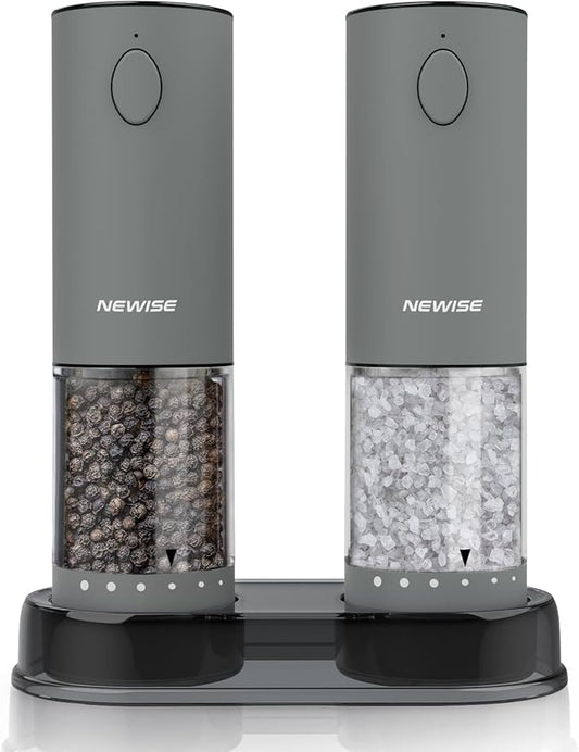 Newise Electric Salt and Pepper Grinder Set, Rechargeable with LED Lights, Automatic Pepper & Salt Mill, Adjustable Coarseness, Large Capacity, Grey