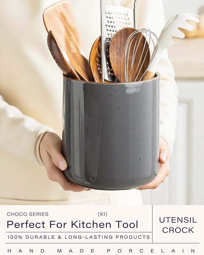getstar Large Utensil Holder for Kitchen Counter,7.2" Grey Ceramic Utensils Crocks Utensil Organizer for Spatula Farmhouse Kitchen Decor - Image 2