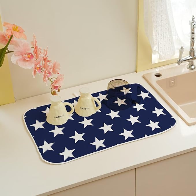 4th of July Dish Drying Mat 18 x 24 inch Independence Day Blue Stars Decorative Drying Mats Microfiber Absorbent Holiday Patriotic Dish Washable Draining Mat for Kitchen Counter Decor