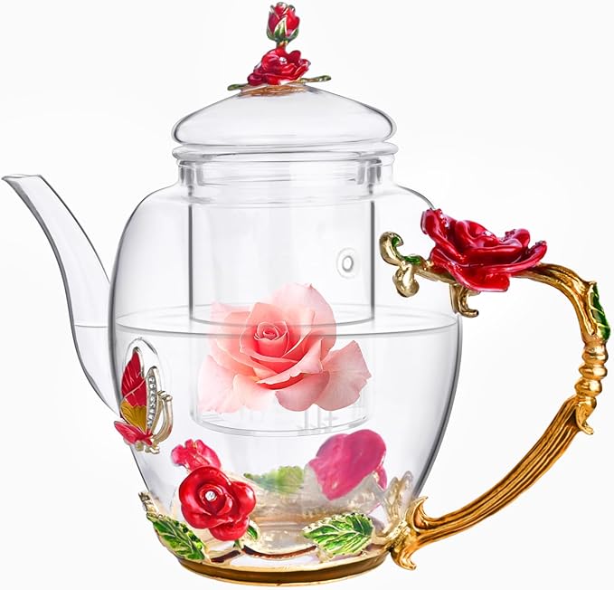 Enamel Glass Flower Tea Pot With Removable Loose Tea Leaf Infuser Tea Maker Teapot Set 30.4OZ Gifts for Women,Mom,Birthday by OEAGO