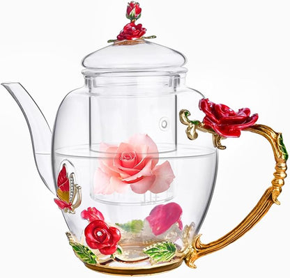 Enamel Glass Flower Tea Pot With Removable Loose Tea Leaf Infuser Tea Maker Teapot Set 30.4OZ Gifts for Women,Mom,Birthday by OEAGO
