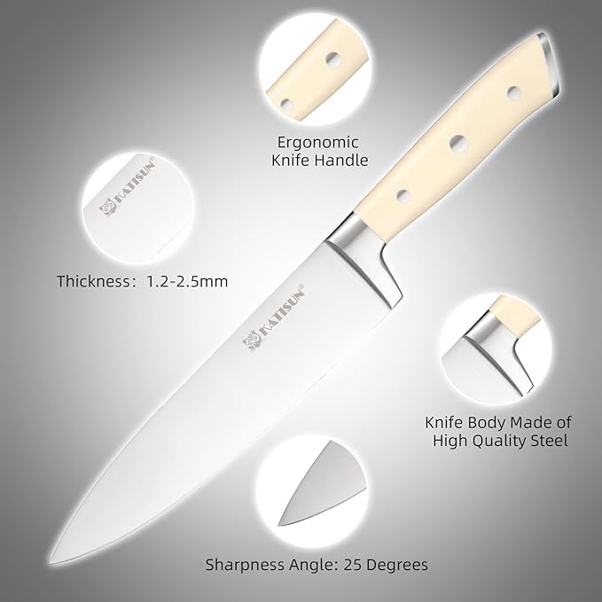 16 Pieces German Steel Knife Block Set, Extra-Long Creamy White Handles for Large Hands & Better Leverage, Professional Kitchen Knife Set with Sharpener & Shears, Modern Black Block - Image 3