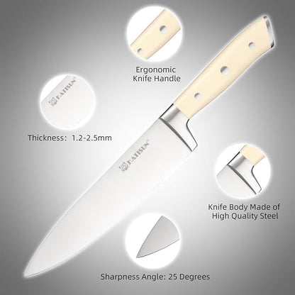 16 Pieces German Steel Knife Block Set, Extra-Long Creamy White Handles for Large Hands & Better Leverage, Professional Kitchen Knife Set with Sharpener & Shears, Modern Black Block - Image 3