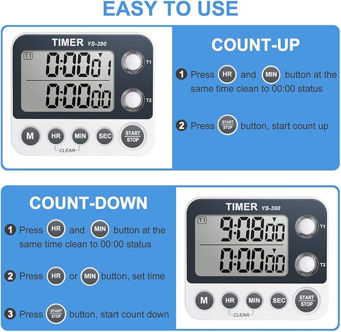 HomeMall Digital Kitchen Cooking Timer, Dual Count Up & Down with Magnetic Back, Large Display, Adjustable Volume and Flashing Alarm Light, ON/Off Switch Stopwatch, Battery Included - Image 3