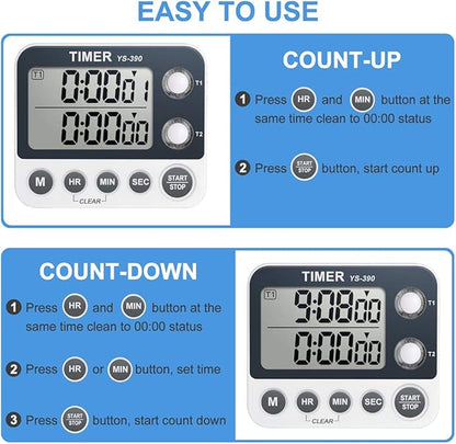 HomeMall Digital Kitchen Cooking Timer, Dual Count Up & Down with Magnetic Back, Large Display, Adjustable Volume and Flashing Alarm Light, ON/Off Switch Stopwatch, Battery Included - Image 3