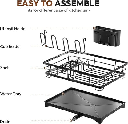 Simple Trending Dish Drying Rack for Kitchen Counter, Rust-Resistant Dish Rack, Large Dish Drainer Organizer with Cutlery Holder & Cup Holders, Black - Image 8