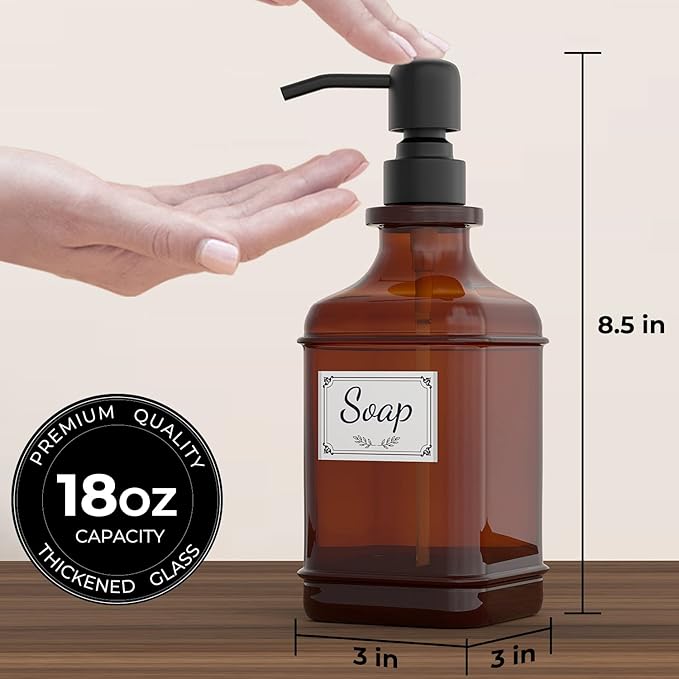 GLADPURE Soap Dispenser 2 Pack, Hand Soap Dispensers with 18 Oz Antique Design Thick Amber Glass Bottle, 316 Rust Proof Stainless Steel Black Pump, 6Pcs Stickers, for Lotion, Soap, Essential Oil - Image 3