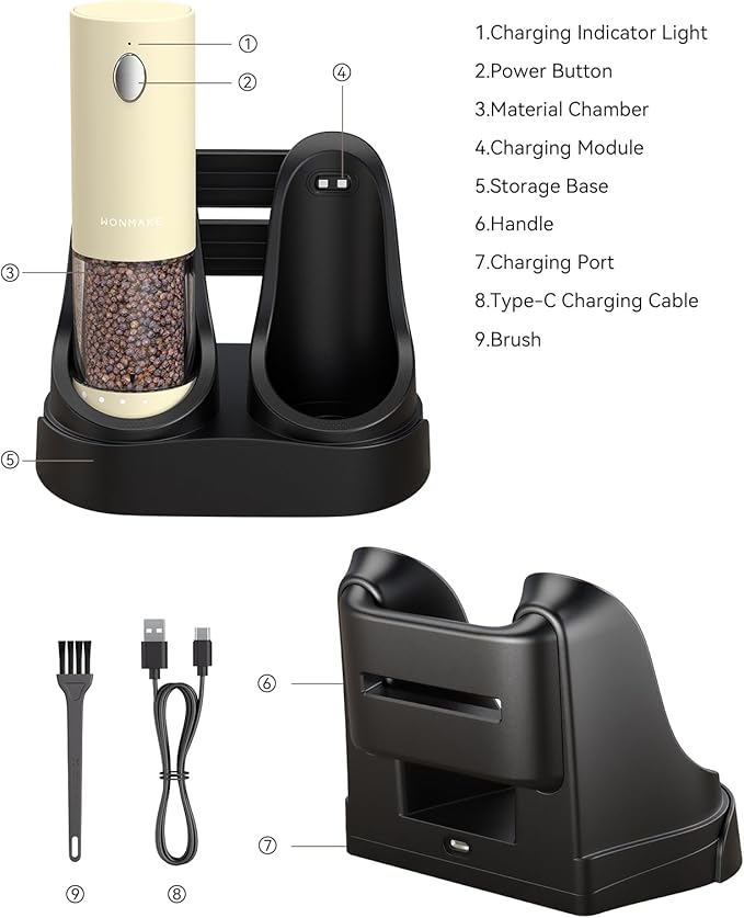 Electric Salt and Pepper Grinder Set - Automatic Refillable Salt and Pepper Grinders with Charging Base & LED Light, 6-Level Adjustable Coarseness with External Dial, Ideal Kitchen Gadget，Beige - Image 4