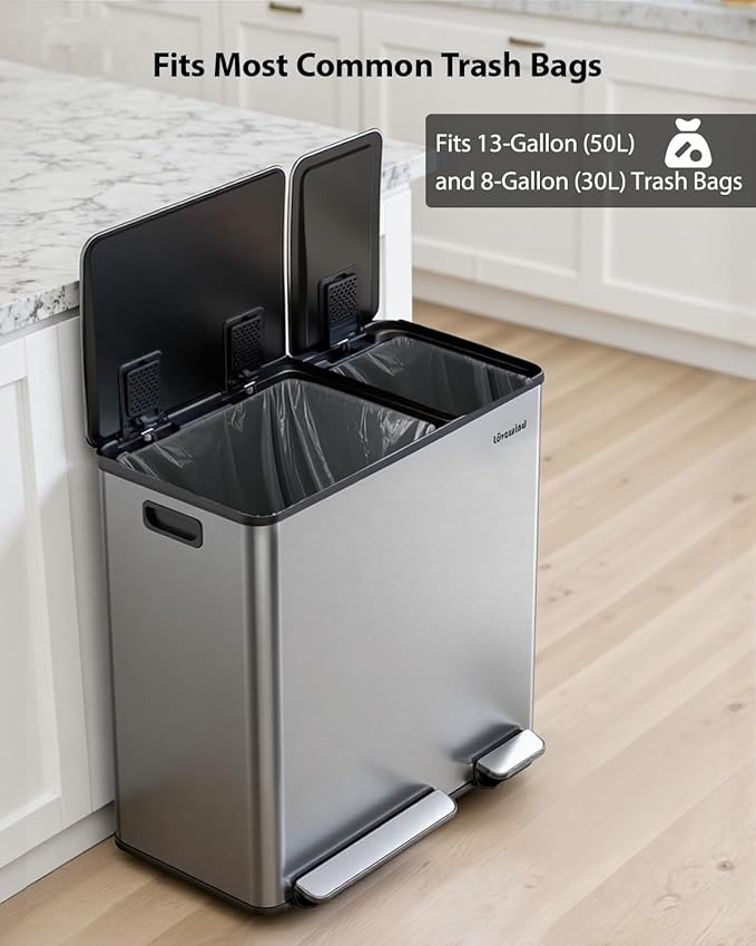 Lovewind Dual Trash Can, 14 + 6 Gallon Garbage Can for Kitchen Dual Compartment Recycling Kitchen Step Trash Bin, Stainless Steel Trash and Recycle Bin Combo with Soft-Close Lid, Silver - Image 6