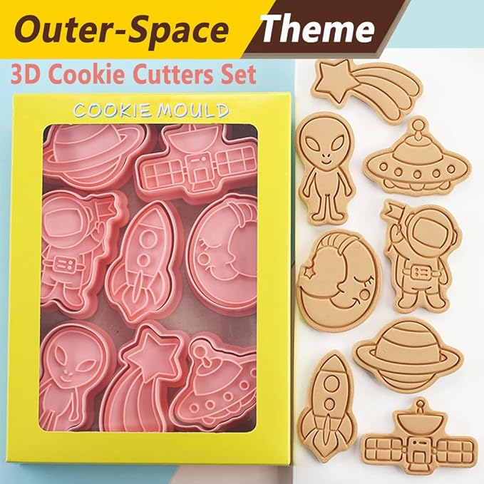Outer-Space Cookie Cutters Set, 8-PCS 3D Astronaut, Alien, UFO, Satellite, Rocket, Moon, Meteor, Planet Cookie Cutters for Party Baking
