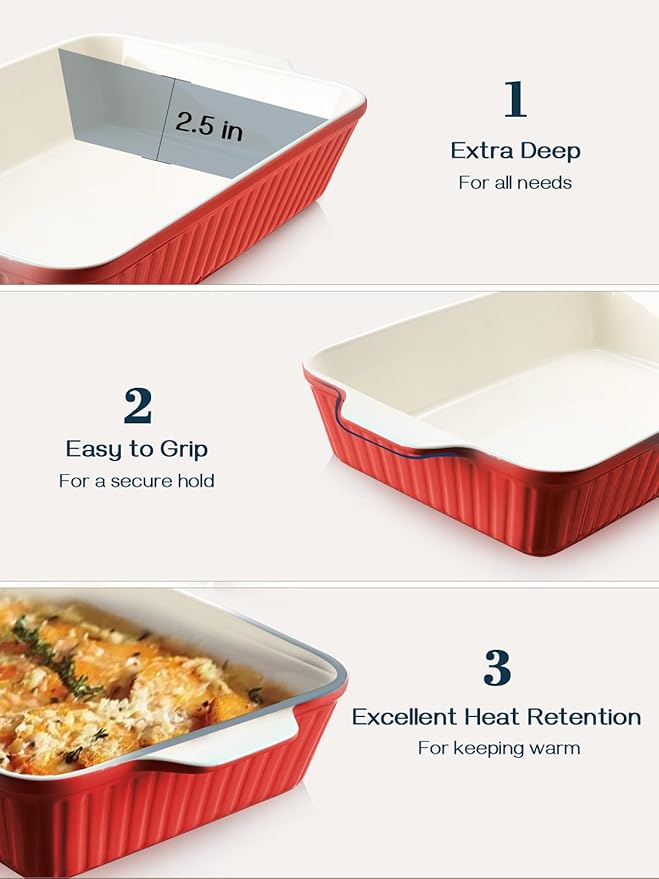 DOWAN 9x13-inch Deep Casserole Baking Dish for Lasagna, 135 oz Ceramic Pan with Handles, Oven Safe for Baking and Home Decor, Red - Image 3