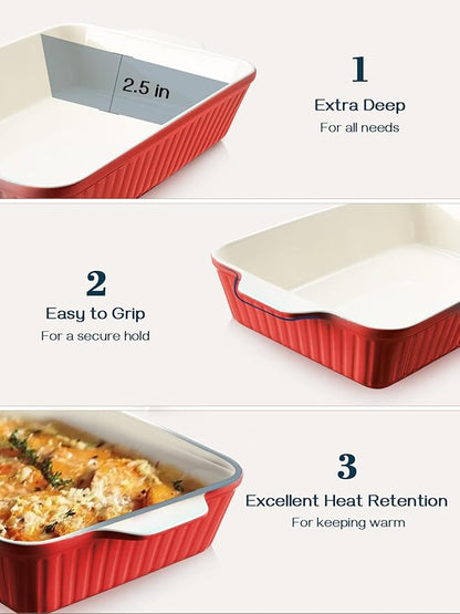 DOWAN 9x13-inch Deep Casserole Baking Dish for Lasagna, 135 oz Ceramic Pan with Handles, Oven Safe for Baking and Home Decor, Red - Image 3