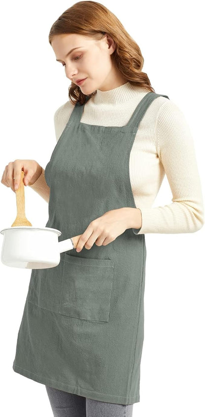 ELEZAY Aprons for Women with Pockets Plus Size Comfort Cross Back No Tie Cotton Linen Apron Pinafore