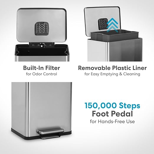 SIMPLI-MAGIC 50 Liter / 13.2 Gallon Soft-Close, Smudge Resistant Trash Can with Foot Pedal and Built in Filter- Stainless Steel, Sleek Finish - Image 5