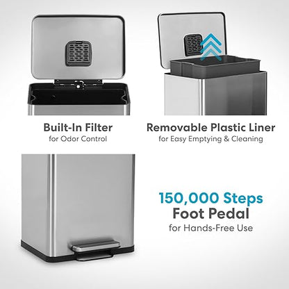 SIMPLI-MAGIC 50 Liter / 13.2 Gallon Soft-Close, Smudge Resistant Trash Can with Foot Pedal and Built in Filter- Stainless Steel, Sleek Finish - Image 5