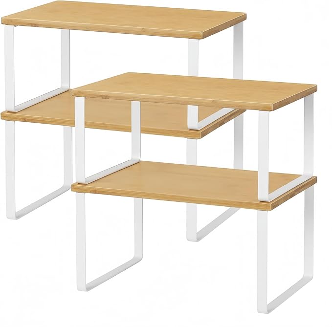 NEX Bamboo Kitchen Cabinet and Counter Shelf Organizer, Stackable & Expandable, Set of 4, White and Natural by NEX