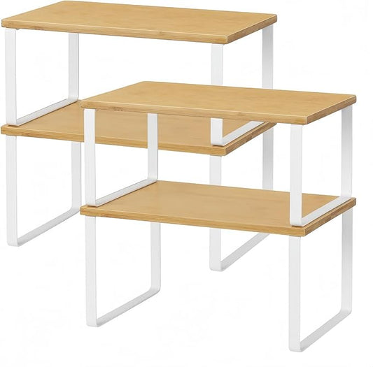 NEX Bamboo Kitchen Cabinet and Counter Shelf Organizer, Stackable & Expandable, Set of 4, White and Natural by NEX