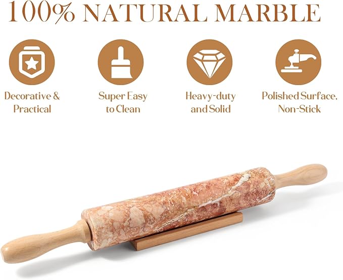 Koville Marble Rolling Pin, Non-Stick Polished Dough Roller, Pasta, Dumpling, Ravioli, Fondant,Pie Crust, Kitchen Baking Pastry Tools Red Marble - Image 3