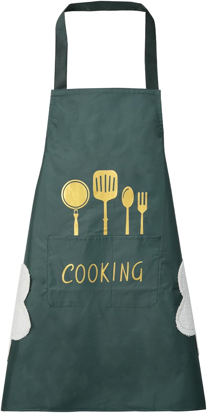 DILLMAN Women Kitchen Apron with Hand Wipe Pockets，Big Pocket,Hand-wiping, Waterproof for Cooking Baking