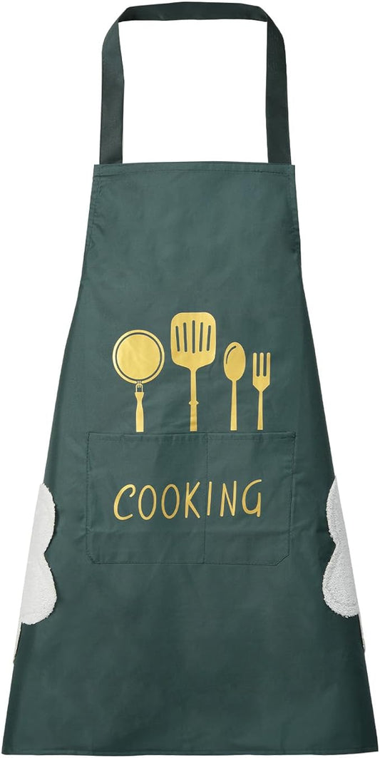 DILLMAN Women Kitchen Apron with Hand Wipe Pockets，Big Pocket,Hand-wiping, Waterproof for Cooking Baking