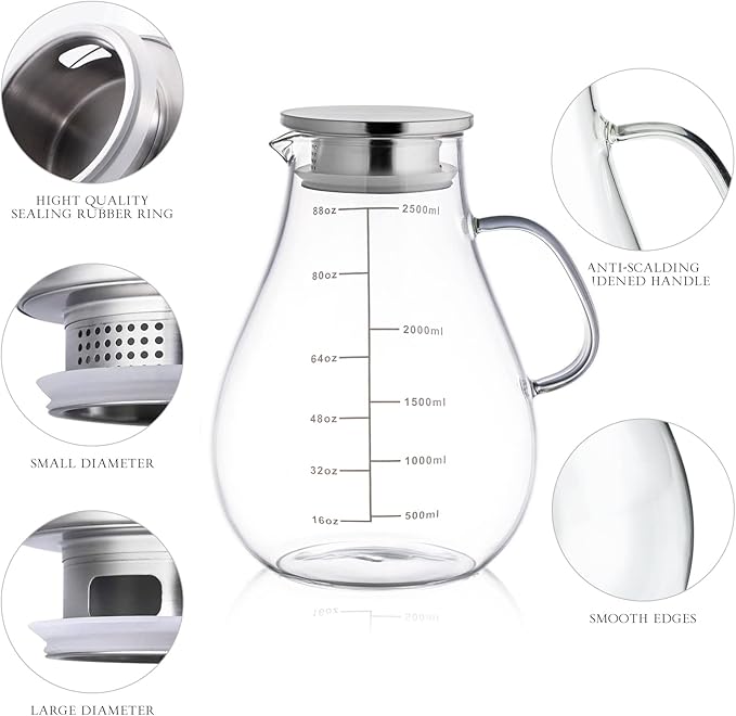 Glass Pitcher with Lid,88 Ounces -2500ml with Precise Scale Line, Hot/Cold Water Jug, Juice and Iced Tea Beverage Carafe with Lid - Image 5