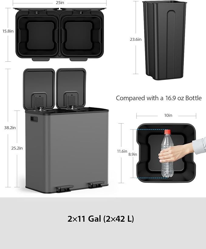 Lovewind Dual Trash and Recycling Bins for Kitchen, 2 * 11-Gallon Stainless Steel Double Trash Can, Step-On Garbage and Recycle Combo, Quiet Close, Pet-Proof, Compatible with 13-Gallon Bags, Grey - Image 6