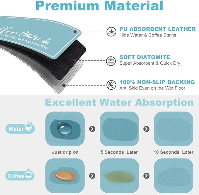 Findosom Dish Drying Mat, 17"x 32" Super Absorbent & Hide Stain Coffee Mat, Cuttable Drying Mat for Kitchen Counter, Coffee Bar Accessories, Under Dish Rack, Coffee Maker, Espresso Machine, Blue - Image 6