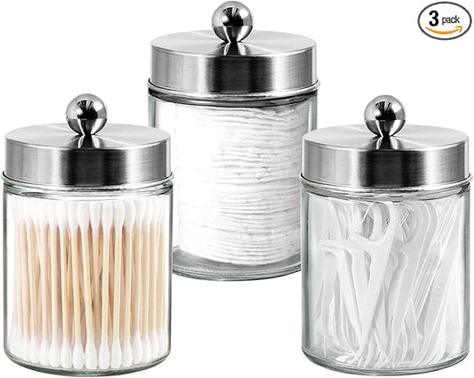 3PC Apothecary Jar Canisters Bathroom Vanity Organizer - Qtip Holder Storage Countertop & Stainless Steel Lids &Cute Stickers for Qtips,Cotton Swabs,Makeup Sponges,Floss (Brushed Nickel)