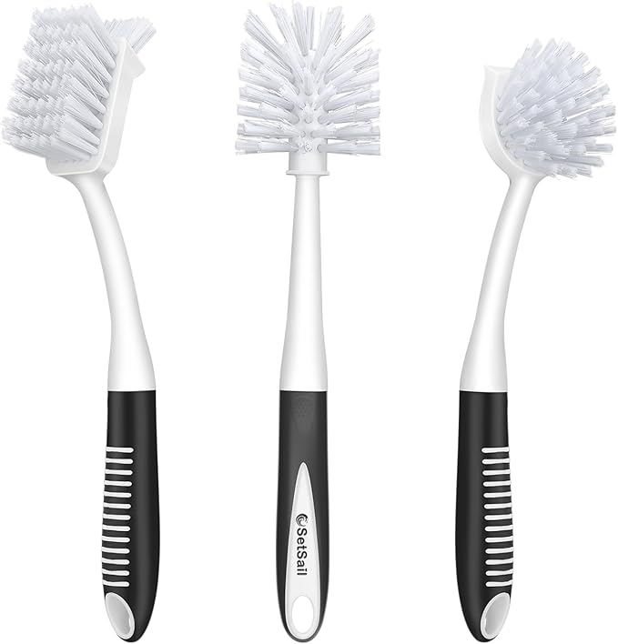 SetSail Dish Brush Set of 3 with Bottle Brush, Dish Scrub Brush with Long Handle Deep Cleaning Handle Brush with Scraper Tip for Kitchen Sink Dishes Bottle Cup Pot and Pans Tile Lines, Black by SetSail