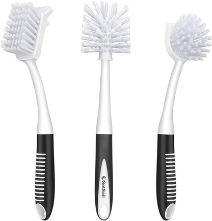 SetSail Dish Brush Set of 3 with Bottle Brush, Dish Scrub Brush with Long Handle Deep Cleaning Handle Brush with Scraper Tip for Kitchen Sink Dishes Bottle Cup Pot and Pans Tile Lines, Black by SetSail