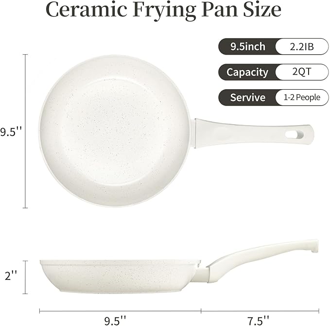 Ceramic Non Stick Frying Pan - 9.5 Inch Ceramic White Non Stick Skillet Frying Pans, Safe&No Toxic Egg Omelette Frying Pan, Nonstick Cookware Cooking Pan, Induction Compatible, PFOA&PFAS Free - Image 7