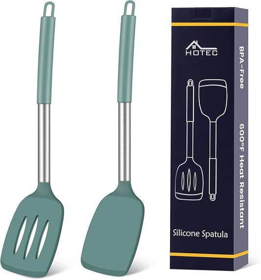 HOTEC Silicone Spatula Set of 2 Heat-Resistant 600F & BPA-Free Kitchen Spatula Turner with Stainless Steel Handles, Slotted & Solid Spatulas for Nonstick Cookware, 13.7 Inch, Sage Green