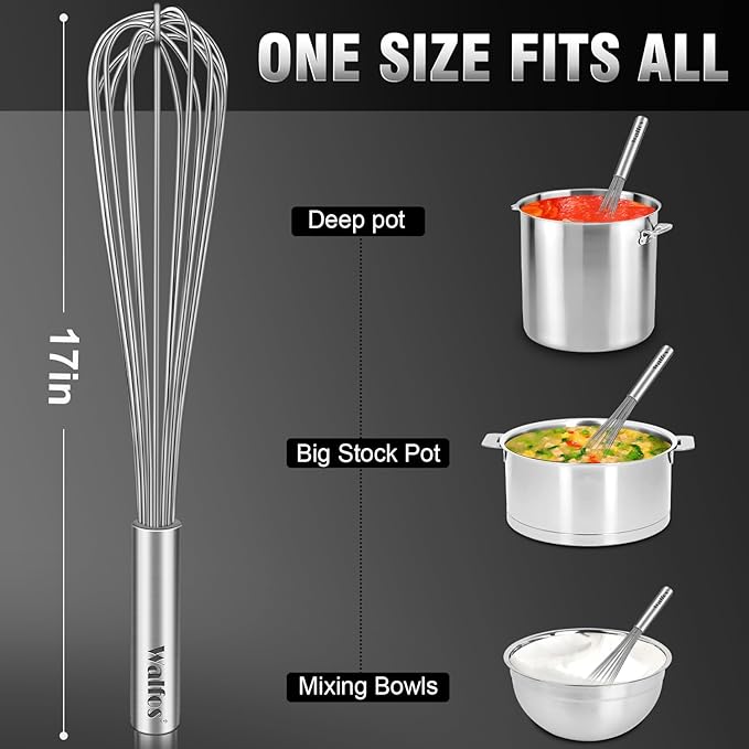 Walfos Whisk,17in Large Whisks, Heavy Duty Stainless Steel Wire Whisk Ideal For Beating Eggs, Blending Sauces, Mixing Batter. - Image 7