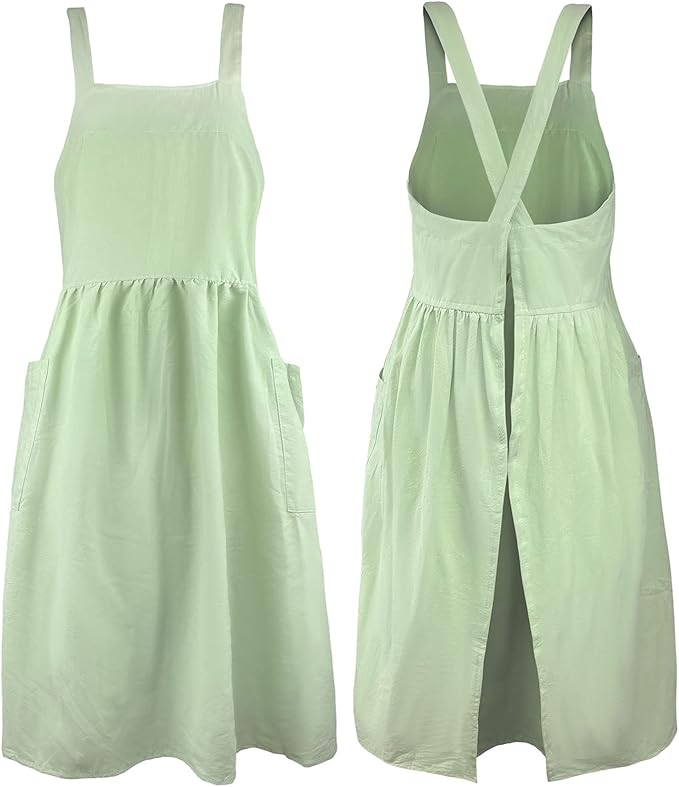 Uaussi Cotton Linen Apron Cross Back Work Apron for Women with Pockets Pinafore Dress X Cross Halter Apron for Chef Gardening by Uaussi