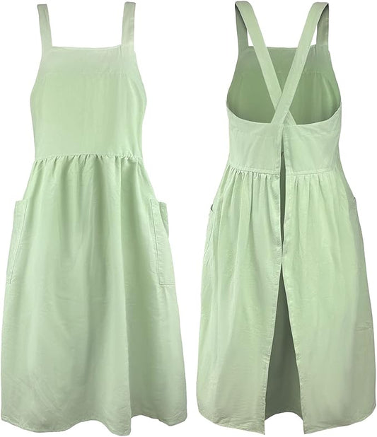 Uaussi Cotton Linen Apron Cross Back Work Apron for Women with Pockets Pinafore Dress X Cross Halter Apron for Chef Gardening by Uaussi