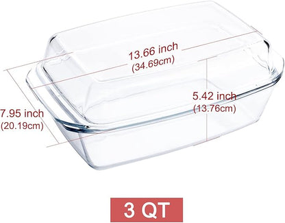Rectangular Tempered Glass Casserole Dish with Glass Cover - Oven, Freezer and Dishwasher Safe - 3 Liter