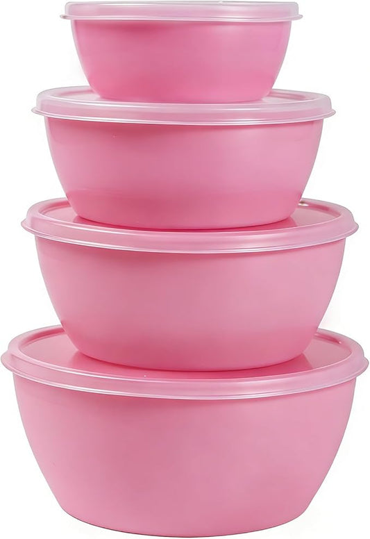 4-Piece Classic Plastic Prep Bowls with Lids, Nesting Plastic Small Mixing Bowl Set for Mixing, Baking, Prepping, Cooking and Serving Food, Microwave and Dishwasher Safe (Pink) by SCWBOEII