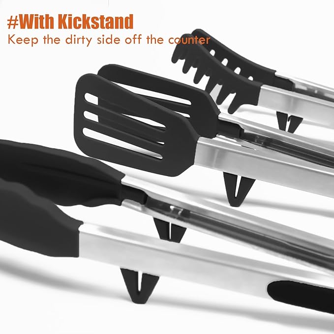 Tongs for Cooking, 12" Kitchen Tongs with Silicone Tips, Food Grade Serving Tongs Set of 3, Black - Image 2