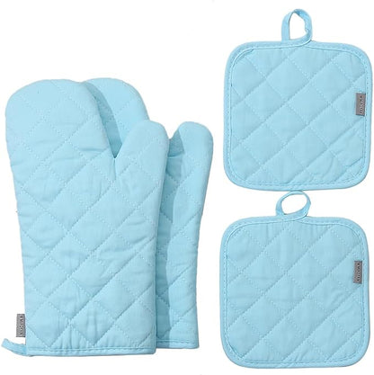 Oven Mitts and Pot Holders 4 pcs Set,High Heat Resistant 500 Degree Extra Thicken Long Kitchen Cotton Oven Glove for Cooking (12 Inch,Light Blue) by M+MIAOYAN