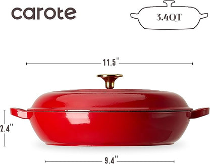 CAROTE 3.4QT Enameled Cast Iron Braiser Pan, Shallow Dutch Oven Casserole Skillets, Non-Toxic Cast Iron Pot with Lid for Grilling, Searing, Baking, Dual Handles, All Stovetop Compatible, Red
