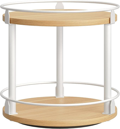 YATINEY Lazy Susan Organizer, Rotating Spice Rack, 2 Tier Spice Turntable Organizer, Industrial Turntable Spice Holder, for Kitchen Countertop, Compact and Versatile, White and Natural SR22WN by Yatiney