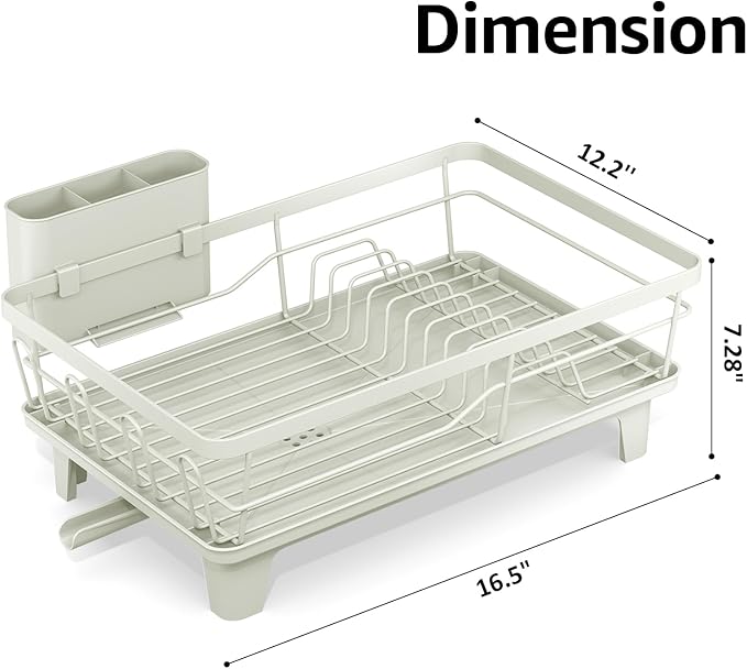 Urackify Dish Drying Rack for Kitchen Counter, Sink Dish Rack with Drainboard, Large Dish Drainer with Cups Holder, Home Countertop Plate Dryer Storage Rack with Cutlery Holder, Soft Celery Green - Image 2