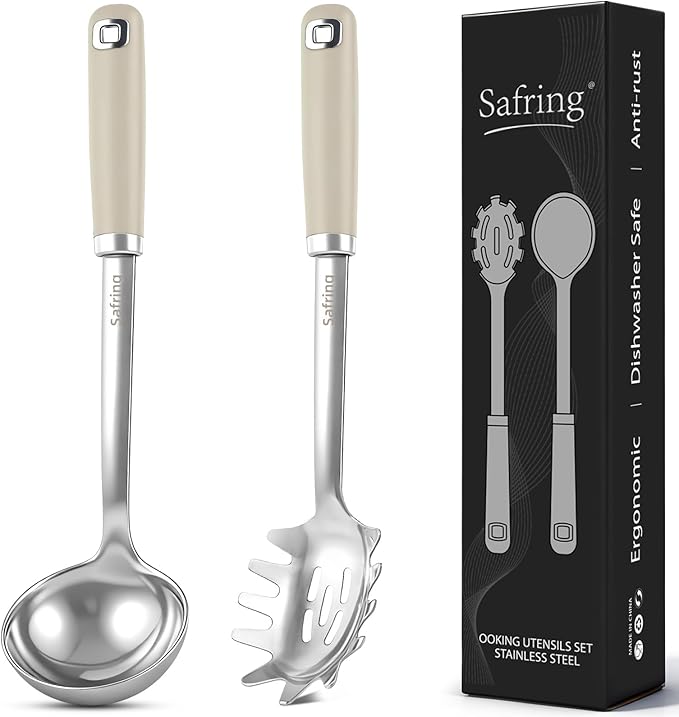 Safring Stainless Steel Soup Ladle and Spaghetti Spoon Set, Heat Resistant Rubber Handle, Dishwasher Safe, Kitchen Utensils for Cooking, Stirring, Serving Pasta, Soup & Sauce (Beige) by Safring