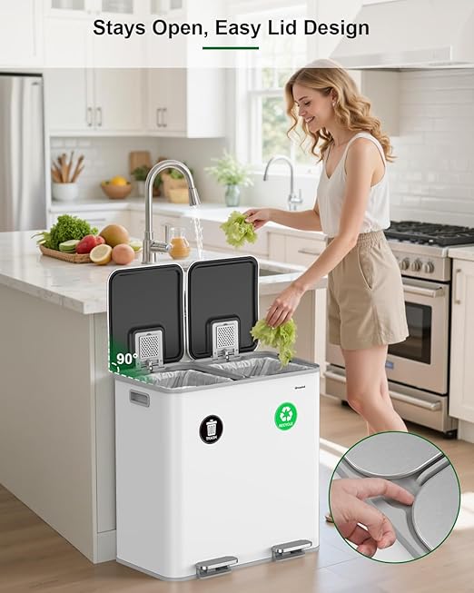 Lovewind 2×11.5 Gallon Dual Trash Can, Stainless Steel Dual Garbage and Recycling Can with Foot Pedal, 90° Stay-Open Lid, Pet-Proof Design – Large Dual Compartment Trash Recycling Bins Kitchen, White