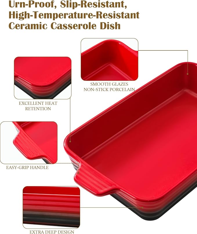 Casserole Dishes For Oven, Heat-Resistant Ceramic Bakeware Set Of 4 Rectangular Baking Dish Set With Handles For Lasagna, Cake, Pie, Dinner, Cooking, Ceramic Baking Dish, Red (9.4"/11.1"/12.2"/14.7") - Image 3