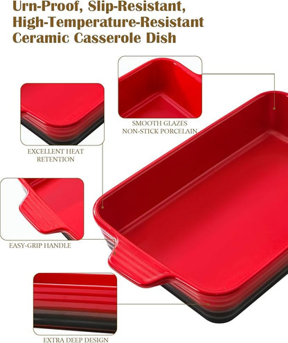 Casserole Dishes For Oven, Heat-Resistant Ceramic Bakeware Set Of 4 Rectangular Baking Dish Set With Handles For Lasagna, Cake, Pie, Dinner, Cooking, Ceramic Baking Dish, Red (9.4"/11.1"/12.2"/14.7") - Image 3