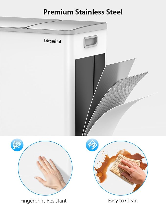 Lovewind Dual Trash Can, 14 + 6 Gallon Garbage Can for Kitchen Dual Compartment Recycling Kitchen Step Trash Bin, Stainless Steel Trash and Recycle Bin Combo with Soft-Close Lid, White - Image 3